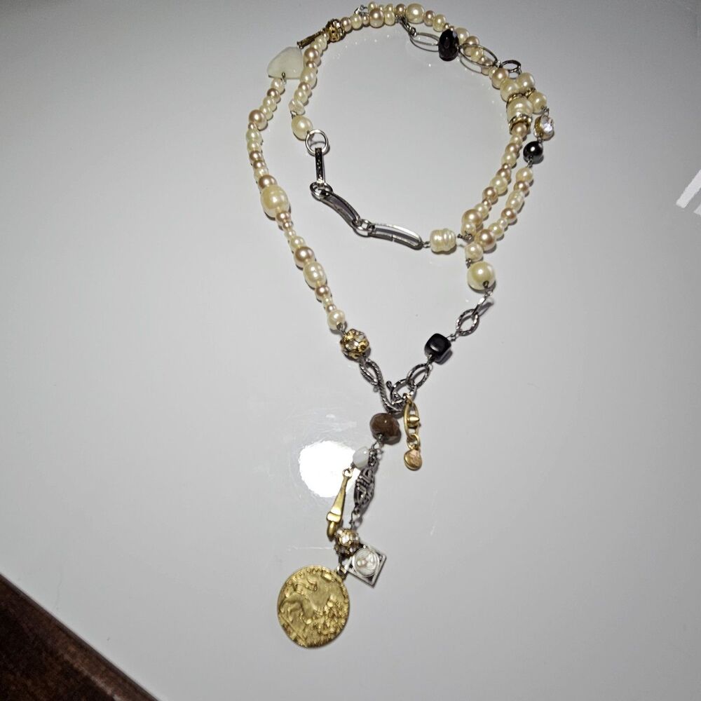 CABI 2147 Treasure Necklace Pearls Semipreci Beaded Charms Coin Gold Silver Tone